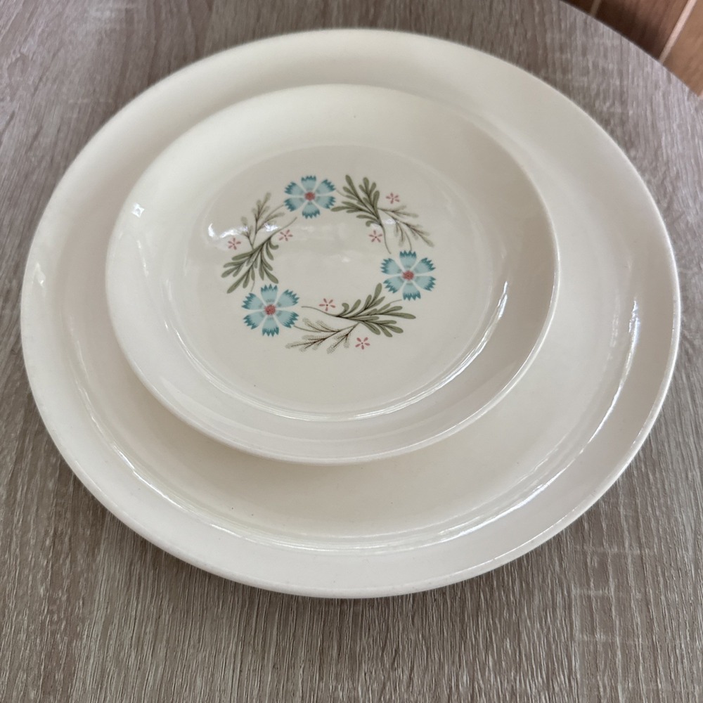 Taylor Smith & Taylor Dinner And Salad Plate Bridal Wreath Blue Flowers 10"
